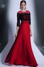 Red And Black Chiffon Clasp Handle Scoop 3|4 Length Sleeve Floor Length Evening Dress Beading and Appliques