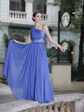 One Shoulder Blue Column/Sheath Hand Made Flower Side Zipper Chiffon Sleeveless Floor Length