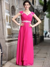 On Sale Floor Length Hot Pink Evening Dress Chiffon Sleeveless Beading