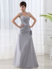 Top Selling Halter Top Grey Satin Lace Up Evening Gowns Sleeveless Floor Length Beading and Ruching