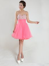 Pink Chiffon Lace Up Casual Dresses Sleeveless Knee Length Beading