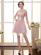 Lovely Chiffon High-neck Sleeveless Zipper Lace Casual Dresses in Baby Pink