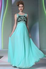 Admirable Scoop Sleeveless Floor Length Beading Side Zipper Evening Dress with Aqua Blue