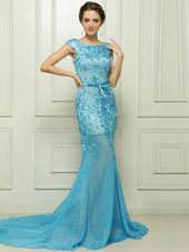 Super Baby Blue Mermaid Bateau Sleeveless Chiffon With Brush Train Zipper Beading and Appliques Juniors Evening Dress