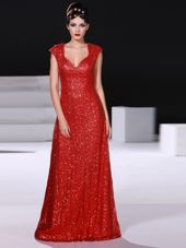 Trendy Red Sequined Zipper V-neck Sleeveless Floor Length Womens Evening Dresses Sequins