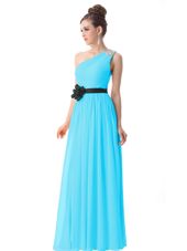 Fabulous One Shoulder Blue Sleeveless Beading and Ruching and Belt Floor Length Prom Dress