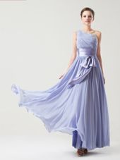 One Shoulder Chiffon Sleeveless Floor Length Homecoming Party Dress and Ruching and Bowknot