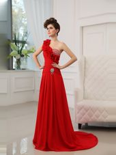 One Shoulder Sleeveless With Train Court Train Beading and Hand Made Flower Red Satin