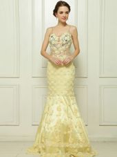 Pretty Mermaid Beading and Hand Made Flower Prom Evening Gown Light Yellow Side Zipper Sleeveless With Brush Train