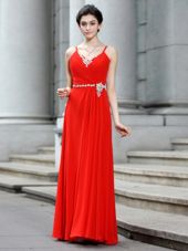 Coral Red Column/Sheath Chiffon Spaghetti Straps Sleeveless Beading Floor Length Zipper Prom Dress