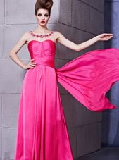 Sweetheart Sleeveless Prom Evening Gown Floor Length Ruching Hot Pink Elastic Woven Satin