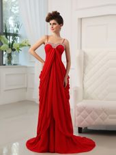 Spaghetti Straps Sleeveless Prom Gown With Brush Train Beading and Ruching Red Chiffon