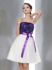 Beauteous White And Purple Strapless Zipper Beading and Sashes|ribbons Prom Dress Sleeveless