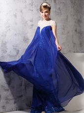 Floor Length Royal Blue Dress for Prom Chiffon and Sequined Sleeveless Lace and Sequins