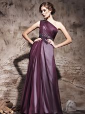 Flirting Purple Satin Side Zipper One Shoulder Sleeveless Floor Length Prom Party Dress Beading and Ruching