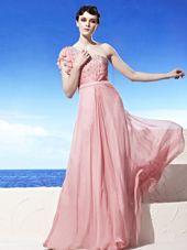 Romantic Pink Empire Chiffon One Shoulder Sleeveless Beading Floor Length Side Zipper Homecoming Gowns