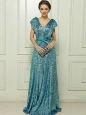 Teal Evening Dresses Prom and Party and For with Sequins and Bowknot V-neck Sleeveless Zipper