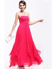 Hot Pink Strapless Zipper Beading and Ruching Hoco Dress Sleeveless