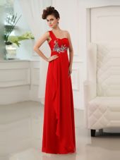 Affordable One Shoulder Chiffon Sleeveless Floor Length Homecoming Dress and Beading and Appliques and Ruching