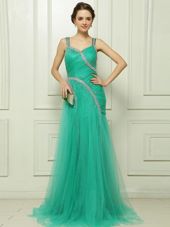 Most Popular Turquoise Sleeveless Organza Brush Train Side Zipper Dress for Prom for Prom and Party