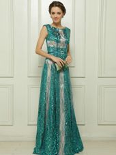 Scoop Teal Sleeveless Floor Length Beading and Sequins Zipper Going Out Dresses