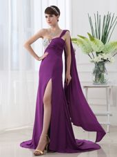 Beautiful One Shoulder Purple Column/Sheath Beading and Sashes|ribbons Prom Dress Zipper Elastic Woven Satin Sleeveless With Train