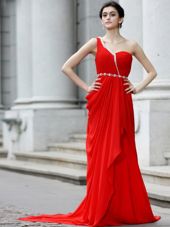 Flirting Red Chiffon Zipper One Shoulder Sleeveless With Train Prom Gown Brush Train Beading and Ruching