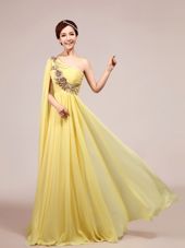 Nice One Shoulder Light Yellow Sleeveless Sweep Train Appliques and Ruching With Train Prom Evening Gown