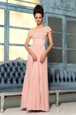 Hot Sale Chiffon Bateau Cap Sleeves Side Zipper Lace and Hand Made Flower Prom Gown in Pink