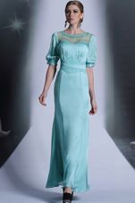 Aqua Blue Zipper Bateau Sequins and Pleated Homecoming Dress Chiffon Half Sleeves