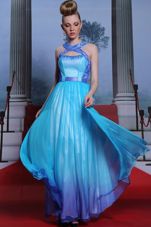 Fantastic Scoop Blue Sleeveless Beading and Belt Floor Length Dress for Prom