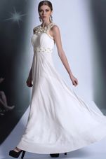 Simple Scoop White Empire Beading and Hand Made Flower Prom Party Dress Zipper Chiffon Sleeveless Floor Length