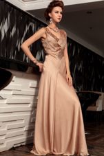 V-neck Sleeveless Dress for Prom Floor Length Beading and Ruching Brown Satin