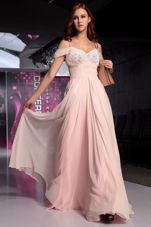 Artistic Spaghetti Straps Short Sleeves Homecoming Dress Floor Length Beading and Ruching Pink Chiffon