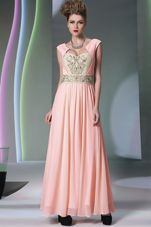 Trendy Pink Side Zipper Sweetheart Embroidery and Ruching Prom Dresses Chiffon Cap Sleeves