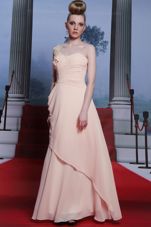 Customized Baby Pink Prom Dresses Prom and Party and For with Appliques and Ruching One Shoulder Long Sleeves Side Zipper