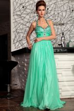 Dazzling Halter Top Turquoise Sleeveless Chiffon Sweep Train Zipper Homecoming Dress for Prom and Party