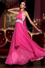 Beauteous Halter Top Sleeveless Zipper Dress for Prom Hot Pink Chiffon