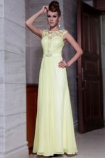 Simple Scoop Cap Sleeves Prom Party Dress Floor Length Beading and Hand Made Flower Light Yellow Chiffon