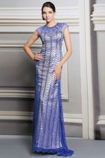 Blue Backless Scoop Beading and Sequins Prom Gown Satin Sleeveless