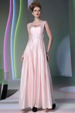 Scoop Floor Length Baby Pink Evening Dress Silk Like Satin Sleeveless Beading