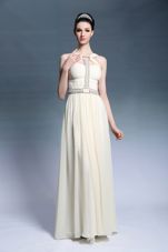 Wonderful Sleeveless Chiffon Floor Length Side Zipper Prom Evening Gown in Light Yellow for with Beading and Ruching