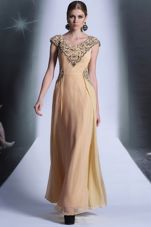 Scoop Peach Empire Beading and Appliques Prom Evening Gown Side Zipper Chiffon Cap Sleeves Floor Length