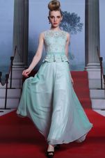 High Quality Light Blue Scoop Neckline Lace and Belt Prom Dresses Sleeveless Side Zipper