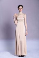 Traditional Bateau Sleeveless Prom Gown Floor Length Beading and Ruching Peach Satin