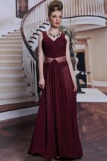 Burgundy Straps Neckline Beading and Ruching Sleeveless Zipper