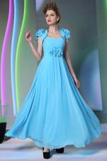 Fabulous Chiffon Sweetheart Cap Sleeves Zipper Beading and Hand Made Flower Prom Party Dress in Baby Blue