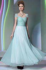 Light Blue Chiffon Side Zipper Sweetheart Cap Sleeves Floor Length Prom Evening Gown Beading and Lace