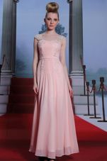 Artistic Baby Pink Empire Chiffon Sweetheart Cap Sleeves Beading Floor Length Side Zipper Prom Party Dress