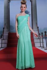 One Shoulder Turquoise Chiffon Side Zipper Prom Party Dress Sleeveless Floor Length Ruching